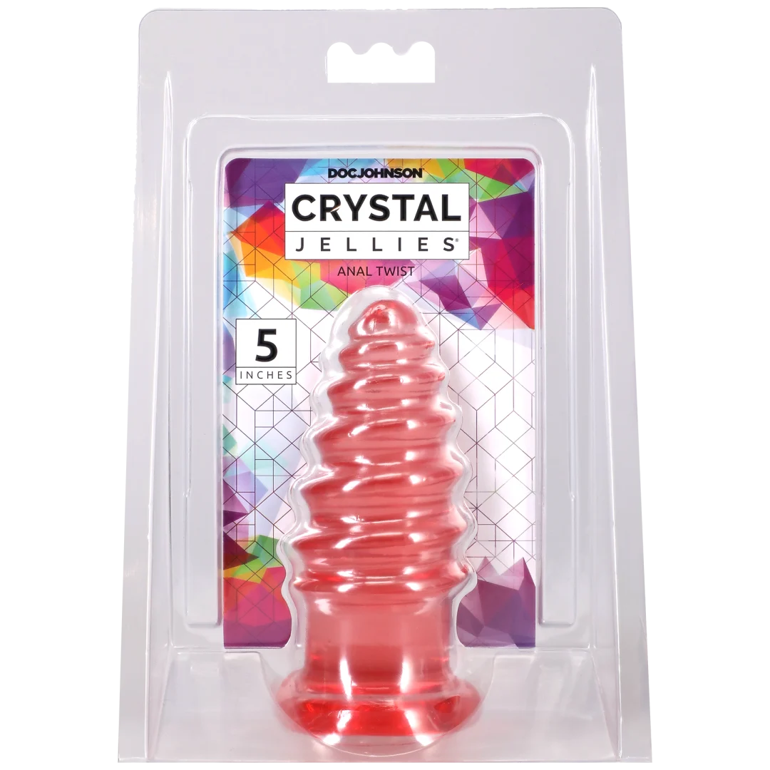 Doc Johnson Crystal Jellies Anal Twist 5 Inch Pink anal toy packaging with vibrant colors and clear design.