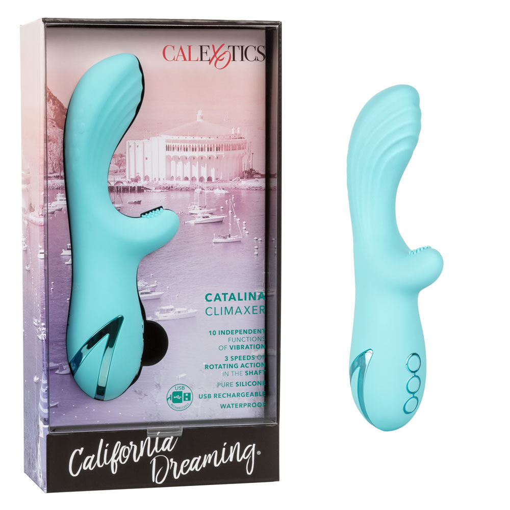 California Dreaming Catalina Climaxer Rabbit Vibrator Blue in packaging, showcasing its design and features.