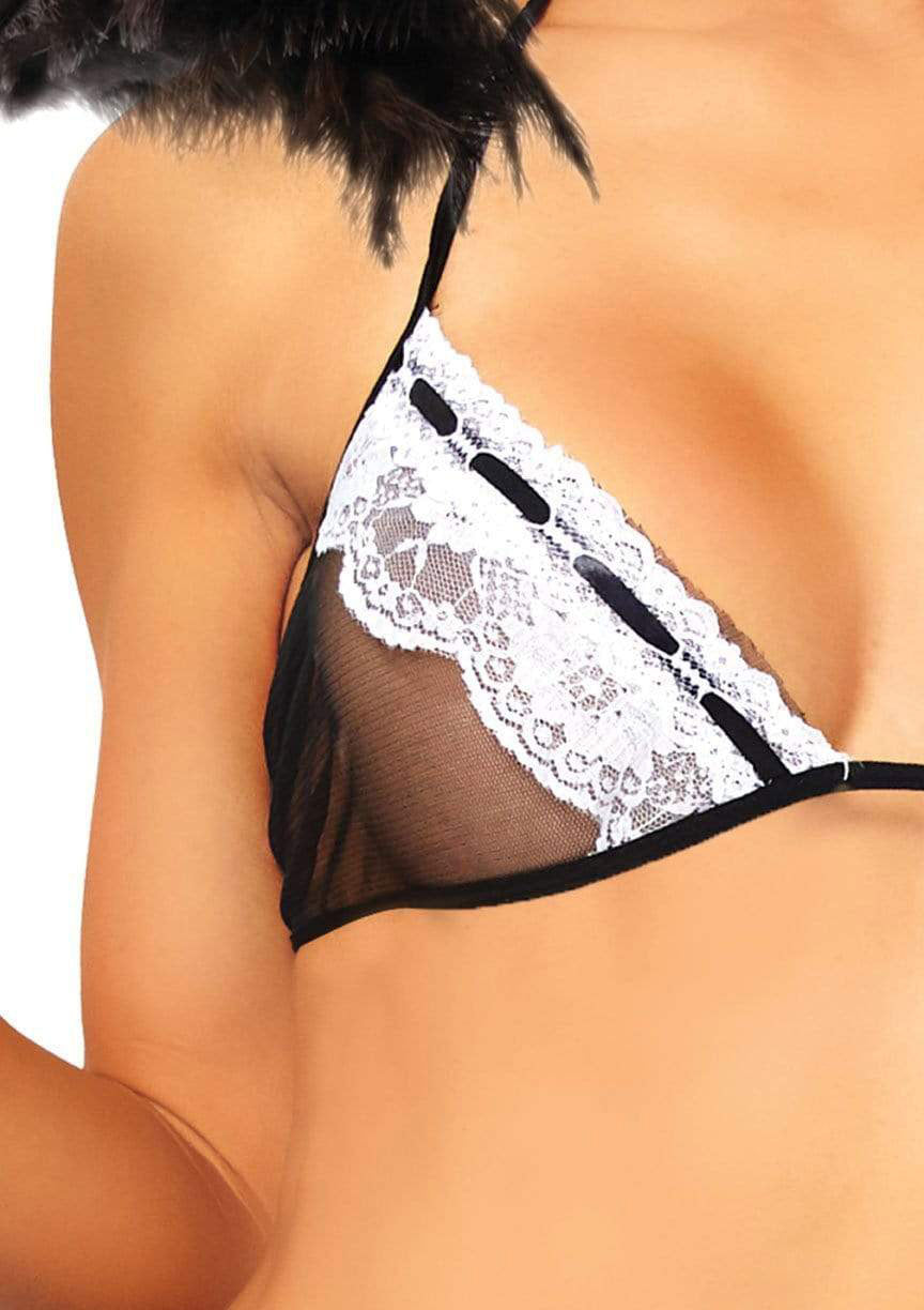 Leg Avenue 4 Piece Flirty French Maid Costume Black White lace-trimmed sheer bra top close-up detail.