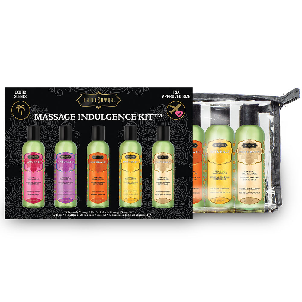 Kama Sutra Massage Oil Indulgence Kit featuring travel-friendly massage oils in exotic scents.