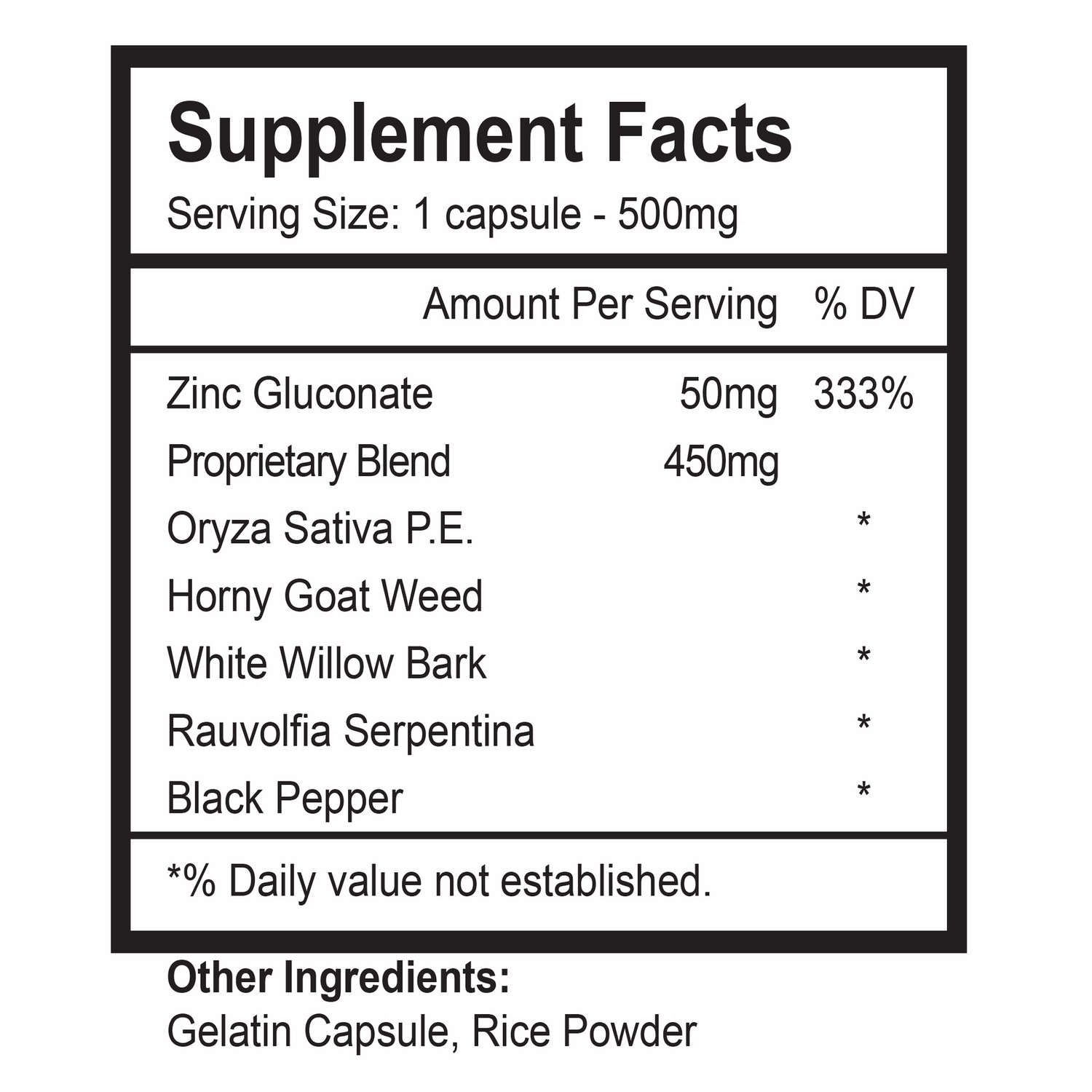 Rhino Time 78000 supplement facts showing ingredients like Zinc Gluconate, Horny Goat Weed, and more for male enhancement.