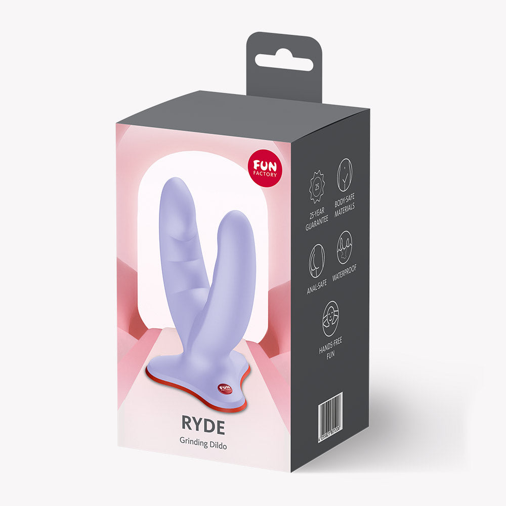 Fun Factory Ryde Grinding Dildo Purple packaging displaying its versatile design and features.