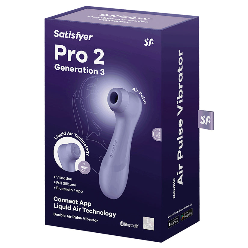 Satisfyer Pro 2 Generation 3 App Vibrator Lilac packaging showcasing Liquid Air Technology and Bluetooth features.