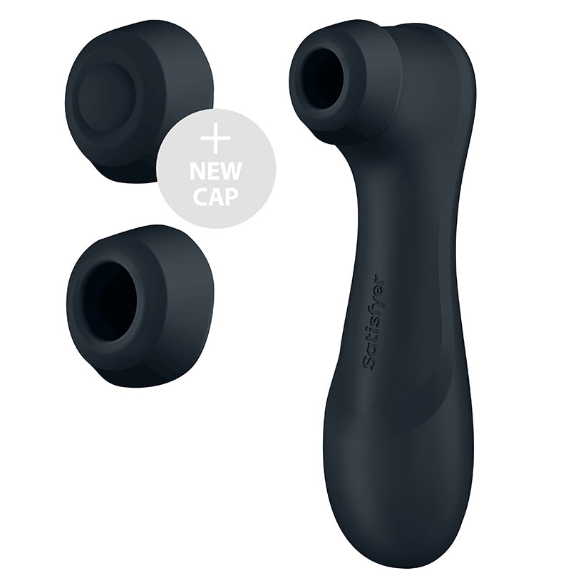 Satisfyer Pro 2 Generation 3 Air Pulse Dark Grey with two silicone caps for customized stimulation.