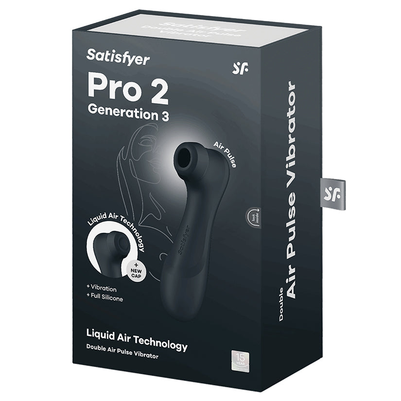 Satisfyer Pro 2 Generation 3 Air Pulse Dark Grey packaging with Liquid Air Technology features.