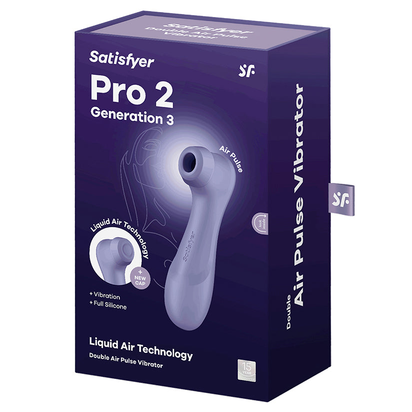 Satisfyer Pro 2 Generation 3 Air Pulse Vibrator Lilac packaging showcasing ergonomic design and features.