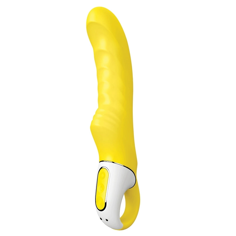 Satisfyer Vibes Yummy Sunshine Yellow Vibrator showcasing its curved design and smooth silicone finish.
