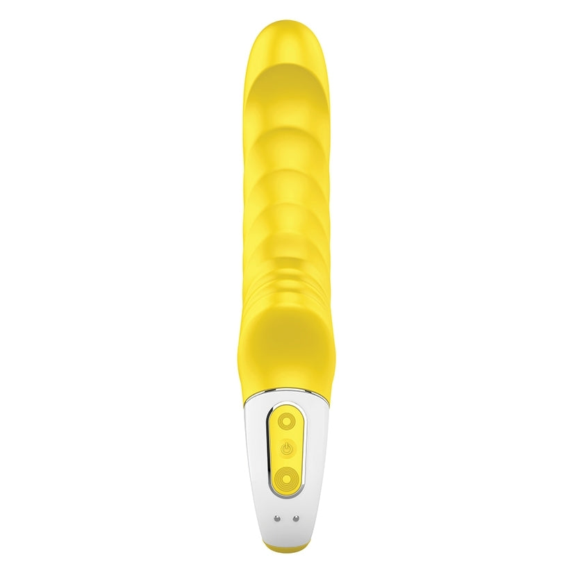 Satisfyer Vibes Yummy Sunshine Yellow Vibrator featuring a ribbed structure and angled tip for targeted sensations.