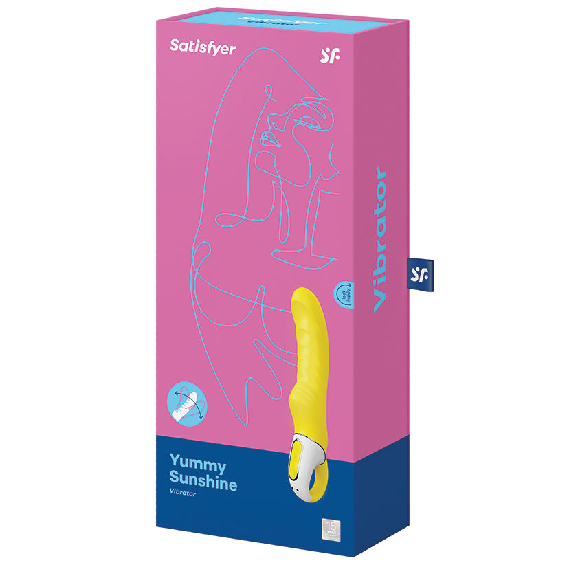 Satisfyer Vibes Yummy Sunshine Yellow Vibrator packaging featuring a curved design and cheerful yellow color.