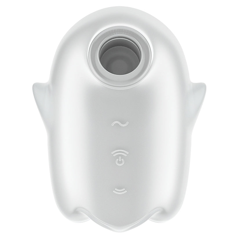Satisfyer Glowing Ghost White Air Pulse Vibrator top view showing its unique design and controls.