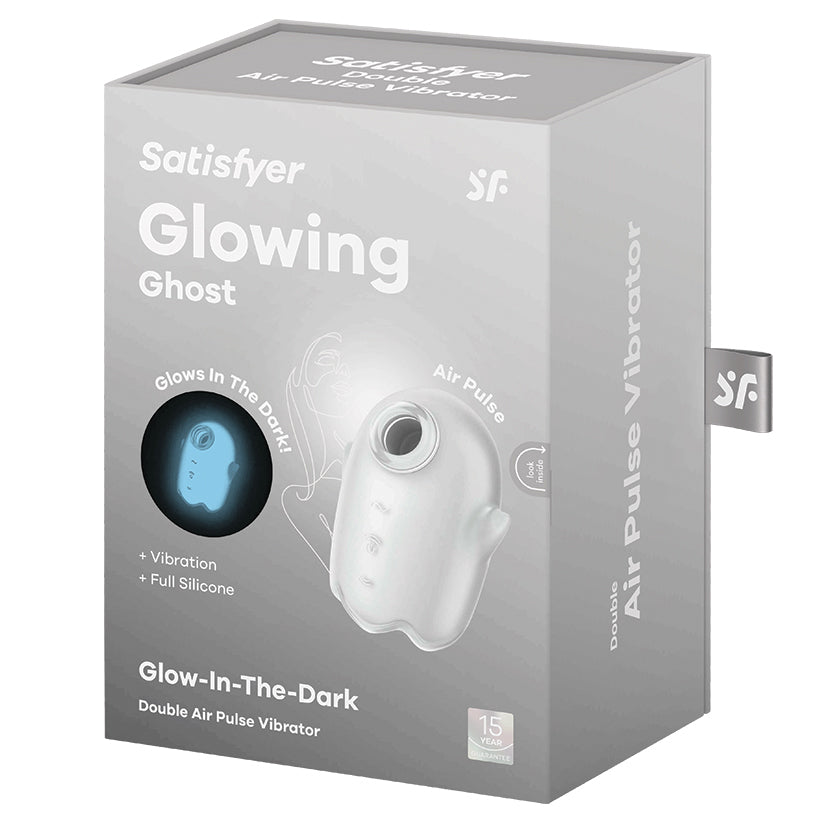 Satisfyer Glowing Ghost White Air Pulse Vibrator packaging with glow-in-the-dark design and air pulse feature.