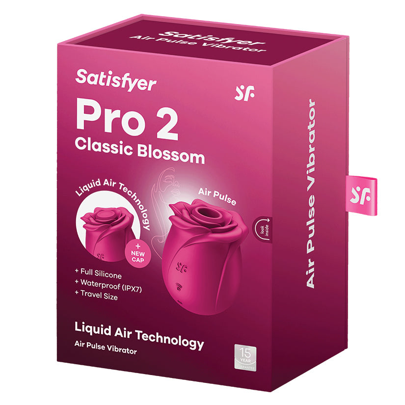 Satisfyer Pro 2 Classic Blossom Air Pulse Vibrator packaging featuring liquid air technology and travel size design.