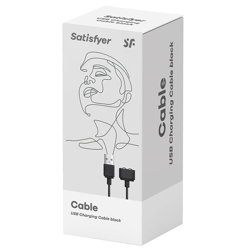 Satisfyer Magnetic USB Charging Cable Black packaging featuring USB cable designed for rechargeable toys.