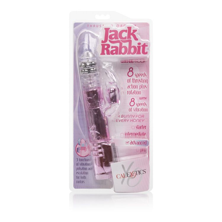 Thrusting Orgasm Jack Rabbit Vibrator Pink packaging showcasing features including 8 speeds of thrusting and vibration.