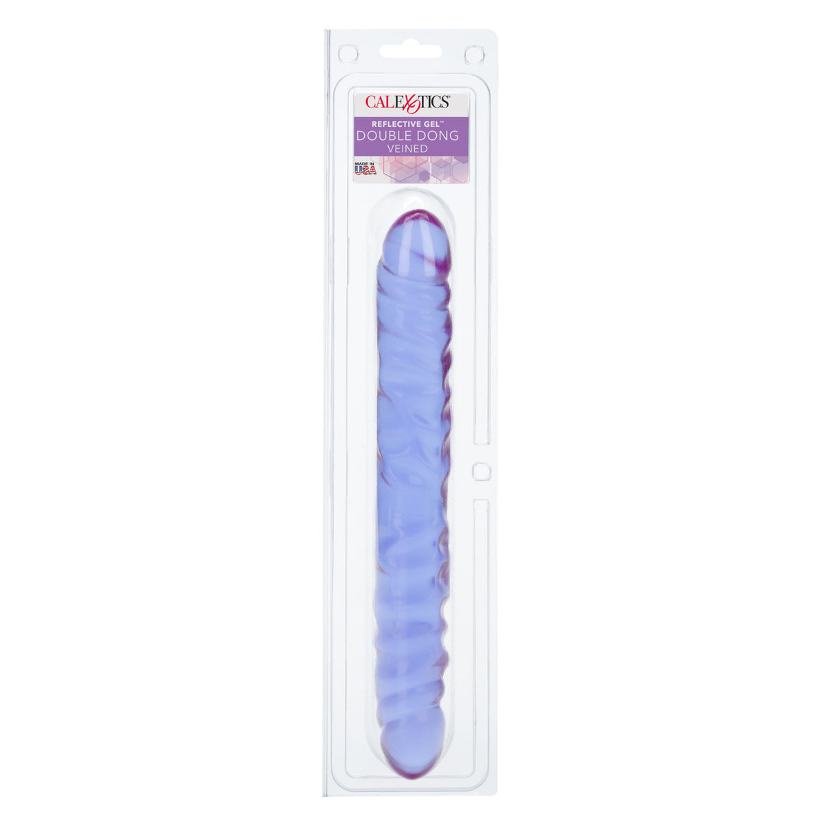 Reflective Gel Veined Double Dong 12 Inch Lavender by California Exotic Novelties in bright iridescent lavender packaging.