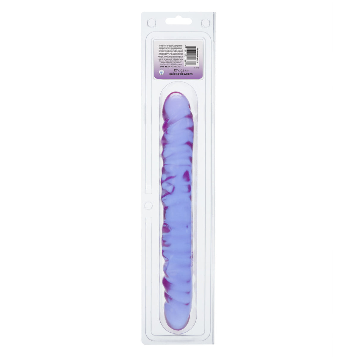 Reflective Gel Veined Double Dong 12 Inch Lavender in iridescent packaging, showcasing dual-ended design for pleasure.