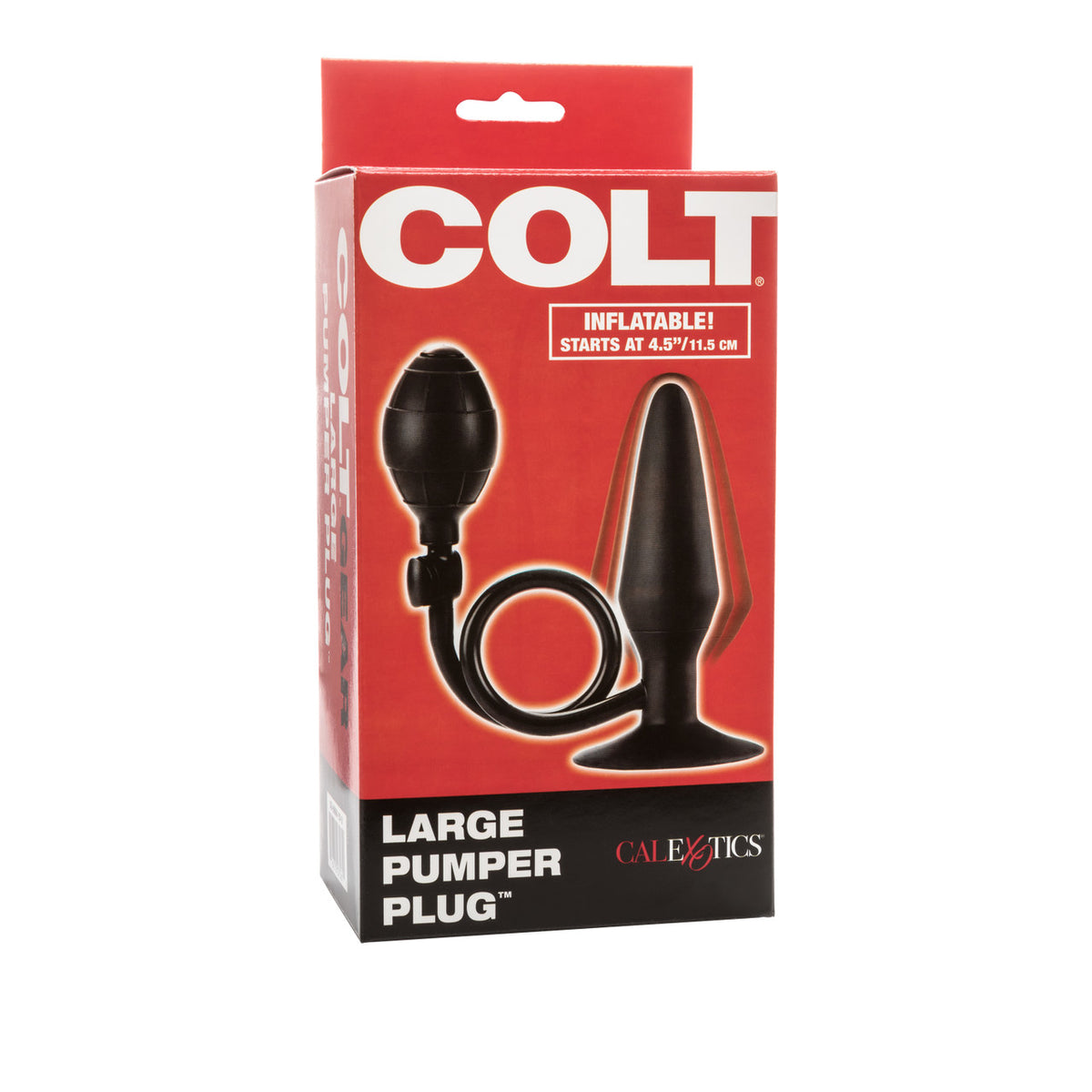 Colt Large Inflatable Silicone Pumper Plug Black packaging featuring inflatable design and usage instructions.