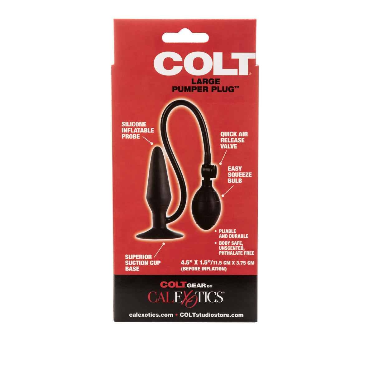 Colt Large Inflatable Silicone Pumper Plug Black packaging showcasing silicone inflatable probe and features.