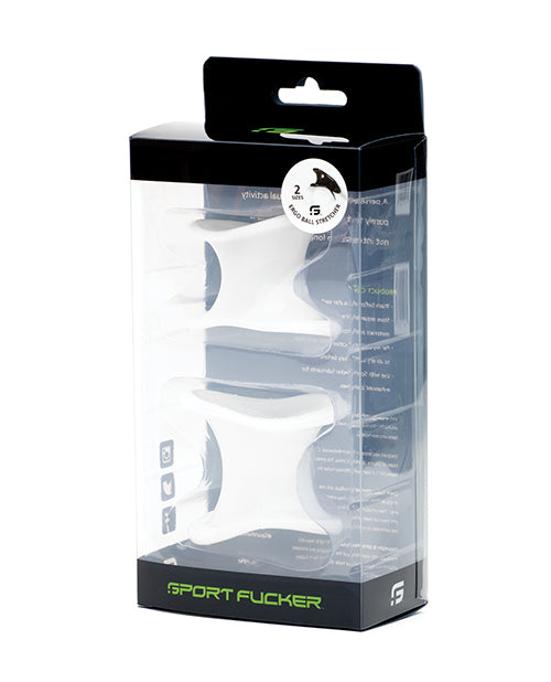 Sport Fucker Ergonomic Ball Stretcher Kit White packaging showcasing two soft, stretchy ball stretchers.