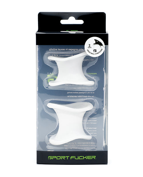 Sport Fucker Ergonomic Ball Stretcher Kit White packaging showing two soft, stretchy ball stretchers designed for comfort.