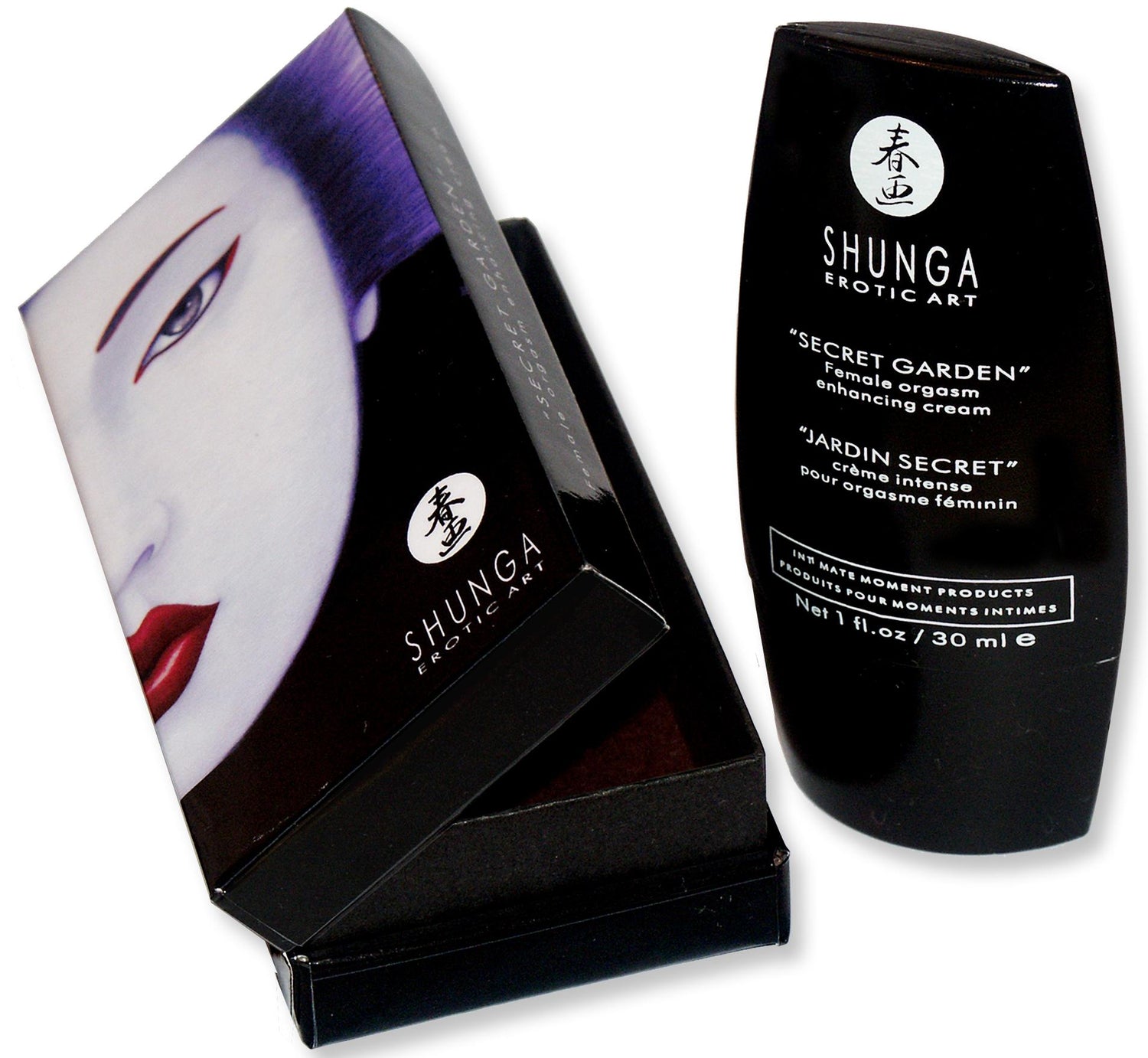 Shunga Secret Garden Enhancing Cream 1 Oz in elegant packaging, designed to enhance intimate experiences and sensitivity.