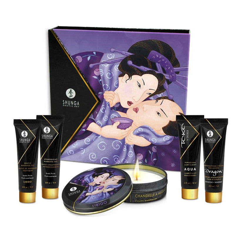 Shunga Geishas Secret Kit Exotic Fruit featuring mini products for relaxation and self-care.