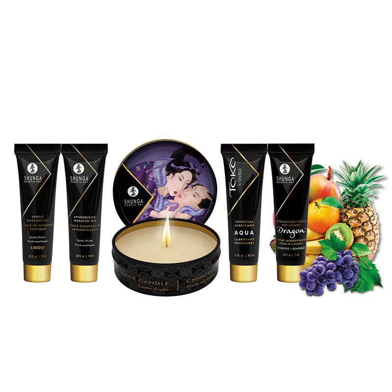 Shunga Geishas Secret Kit Exotic Fruit includes mini products for relaxation and wellness with a scented candle and tropical fruits.