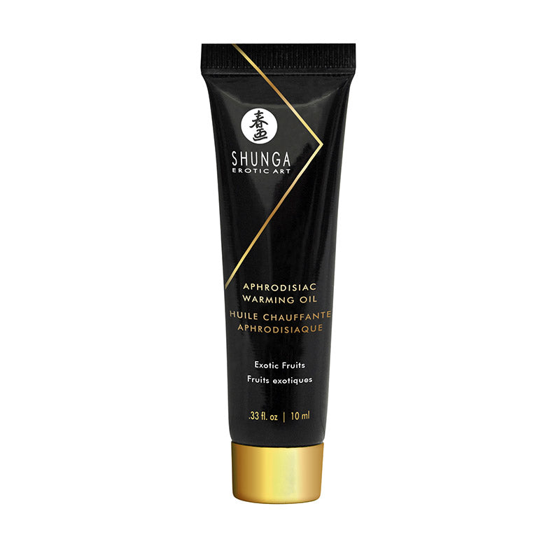 Shunga Geishas Secret Kit Exotic Fruit warming oil tube, featuring exotic fruit scent and aphrodisiac properties.