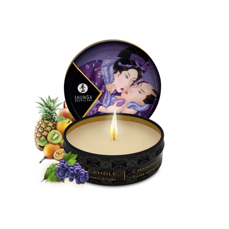 Shunga Geishas Secret Kit Exotic Fruit candle with tropical fruit and an artistic lid design.