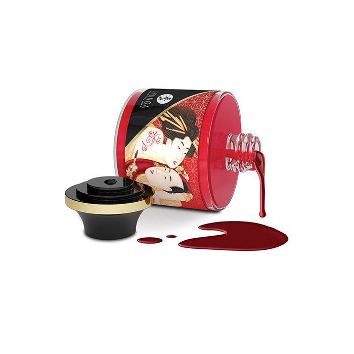 Shunga Body Paint Sparkling Strawberry Wine 1.7 Oz displayed in a jar with red paint spilling out.
