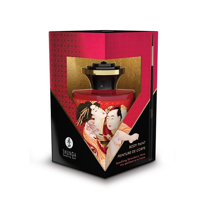 Shunga Body Paint Sparkling Strawberry Wine 1.7 Oz packaging with a brush, featuring romantic artwork.