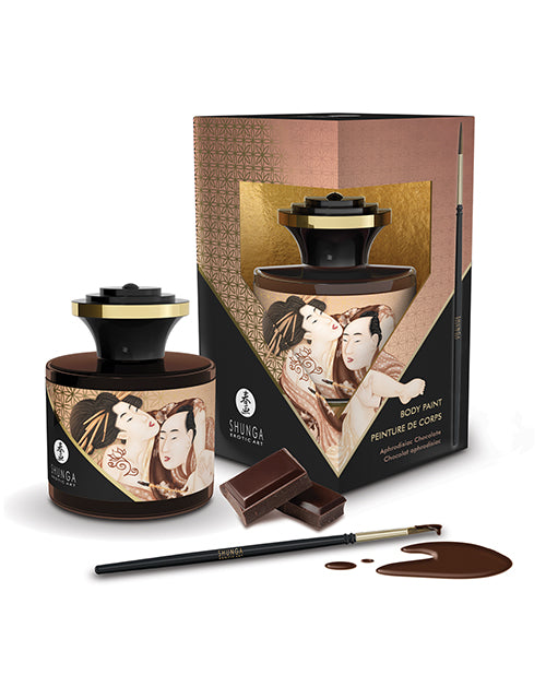 Shunga Body Paint Aphrodisiac Chocolate 1.7 Oz packaging with paintbrush and chocolate pieces.