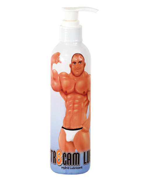 Spunk STR8cam Hybrid Lubricant 8 Oz in a pump bottle with a muscular figure design.