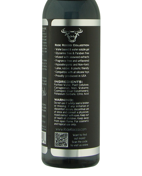 Ride Rocco Water Based Lubricant 4.2 Oz bottle back label with ingredient details and usage instructions.