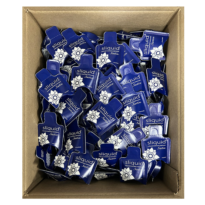 Sliquid Satin Pillow Pack Lubricant 0.17 Oz Bag Of 200 in a box, showcasing multiple individual packets.