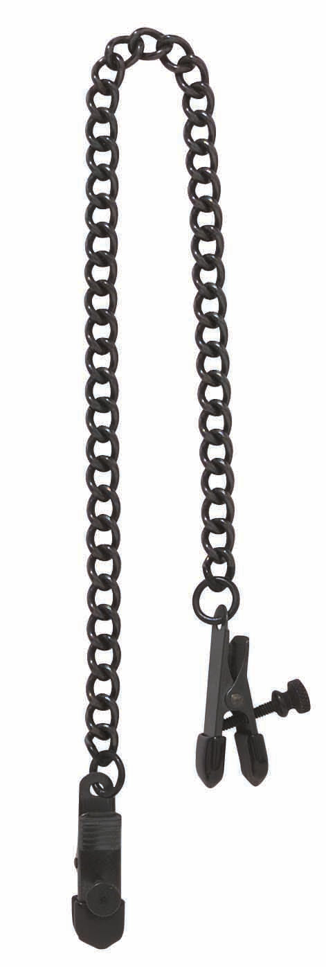 Spartacus Blackline Adjustable Nipple Clamps With Chain featuring wide alligator-style jaws and rubber tips for comfort.