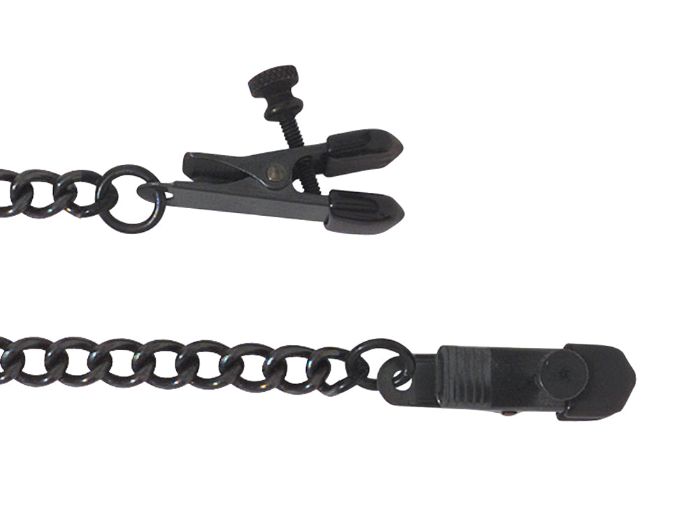 Spartacus Blackline Adjustable Nipple Clamps With Chain featuring rubber-tipped alligator jaws and a sturdy chain.