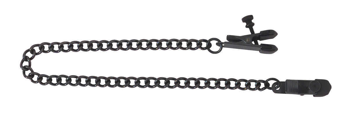 Spartacus Blackline Adjustable Nipple Clamps With Chain featuring a durable black chain and alligator-style clamps for precise control.