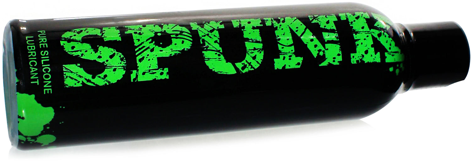 Spunk Lube Pure Silicone Lubricant 8 Oz bottle with green label on a black background