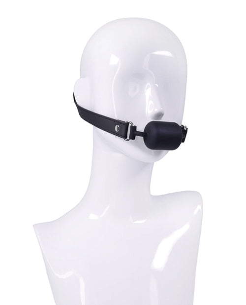 Sportsheets Signature Midnight Muse Barrel Gag displayed on a mannequin, showcasing its sleek design and mouth restraint features.