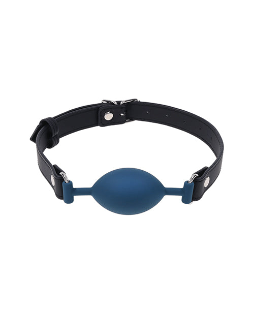 Sportsheets Signature Twilight Tease Oval Gag in blue with black strap for intimate power-exchange play.