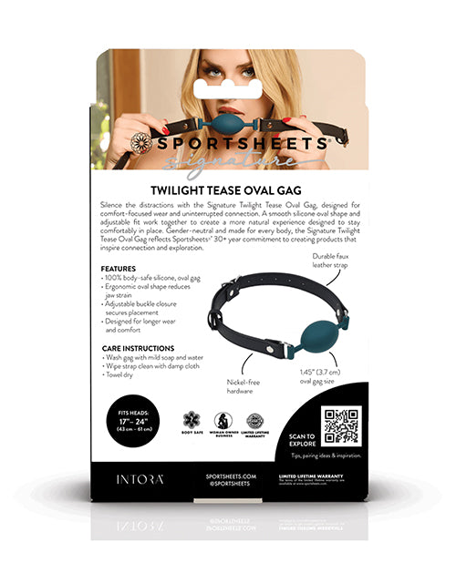 Sportsheets Signature Twilight Tease Oval Gag packaging showcasing features and care instructions.