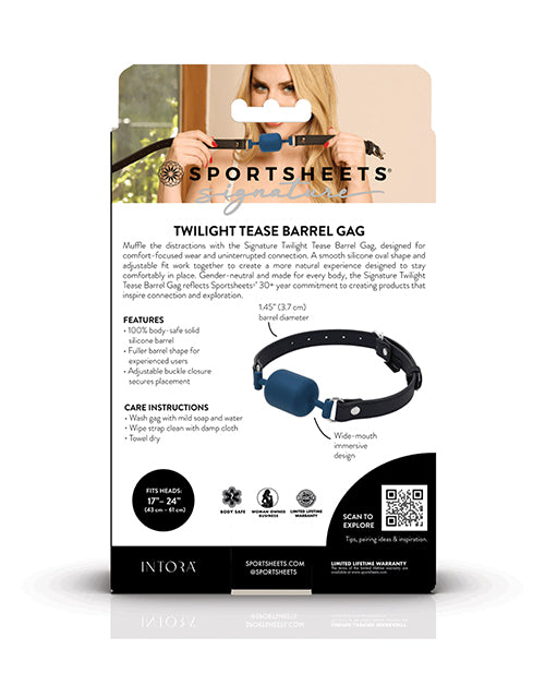 Sportsheets Signature Twilight Tease Barrel Gag packaging featuring features and care instructions.