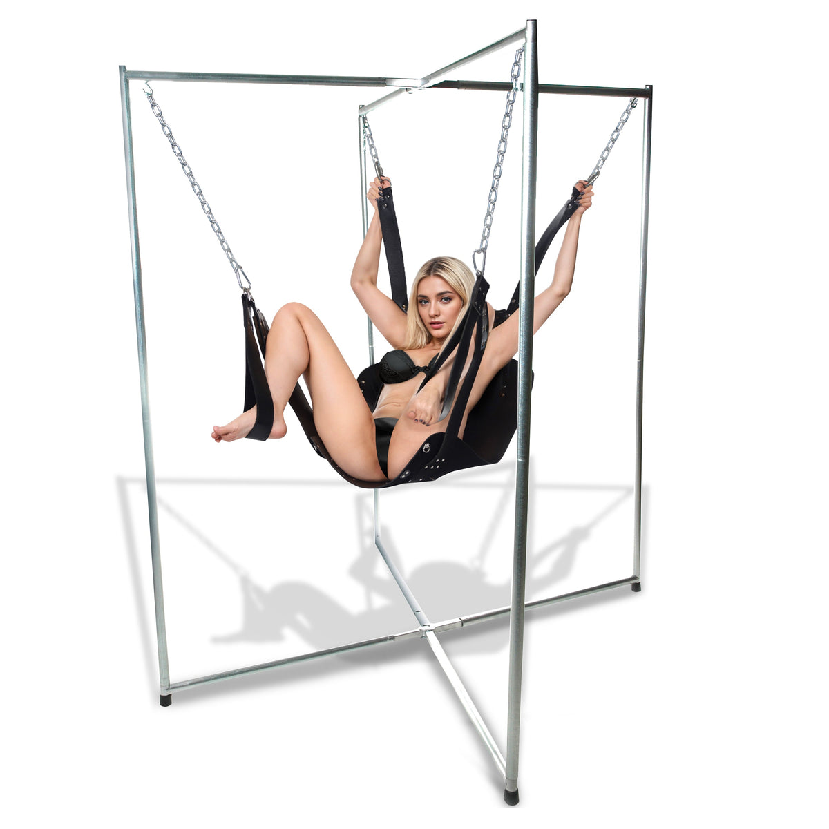 Strict Leather Premium Black Leather Sex Sling in use, offering dungeon-grade support and hands-free positioning.
