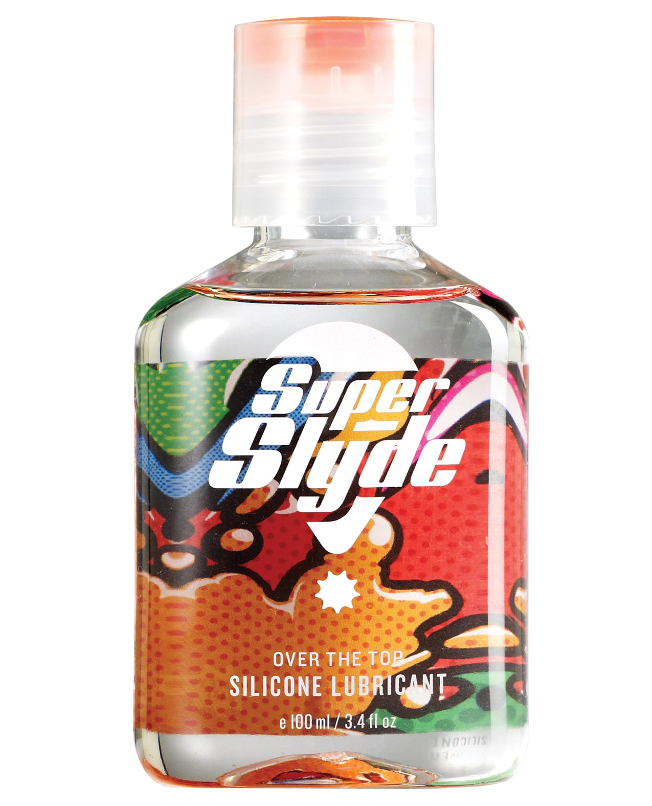 SuperSlyde Over The Top Silicone Lubricant 3.4 Oz in a colorful bottle on a white background.