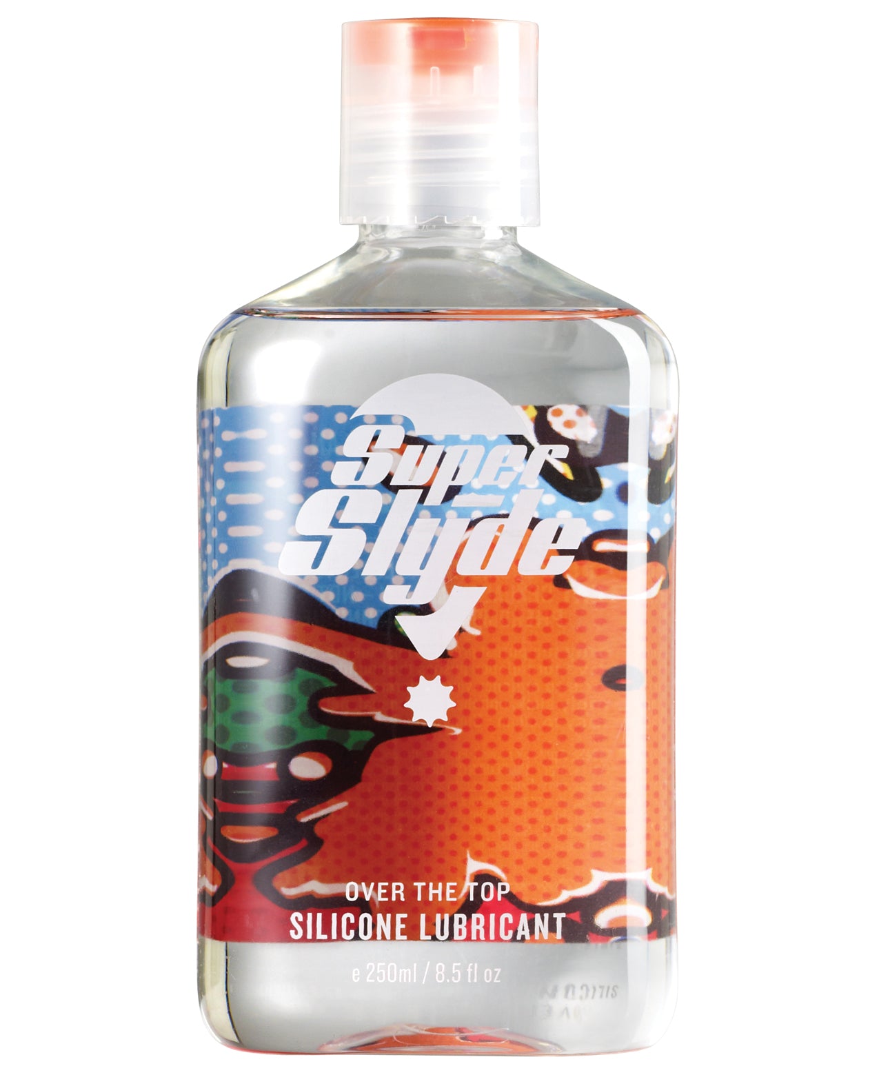SuperSlyde Over The Top Silicone Lubricant 8.5 Oz bottle with colorful design and flip-top cap.