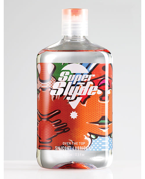 SuperSlyde Over The Top Silicone Lubricant 13.56 Oz in colorful packaging with vibrant designs.