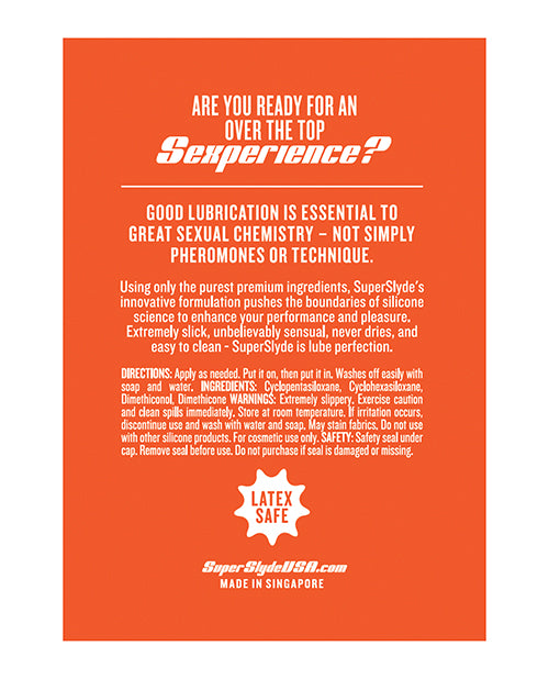 SuperSlyde Over The Top Silicone Lubricant 13.56 Oz product label with usage instructions and benefits.