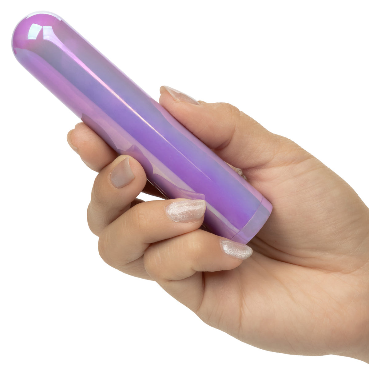 Aura Rounded Silicone Bullet Stimulator Purple held in hand, showcasing its smooth, compact design for targeted pleasure.