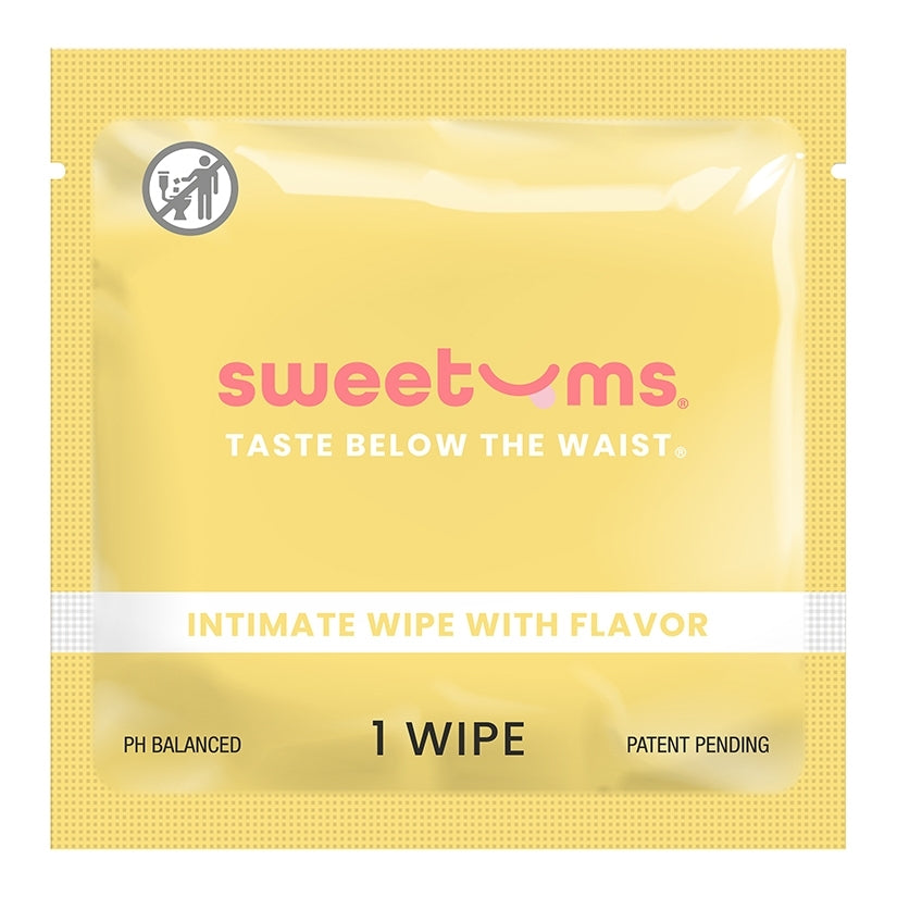 Sweetums Flavored Intimate Wipes Pina Colada single wipe package showing tropical design.